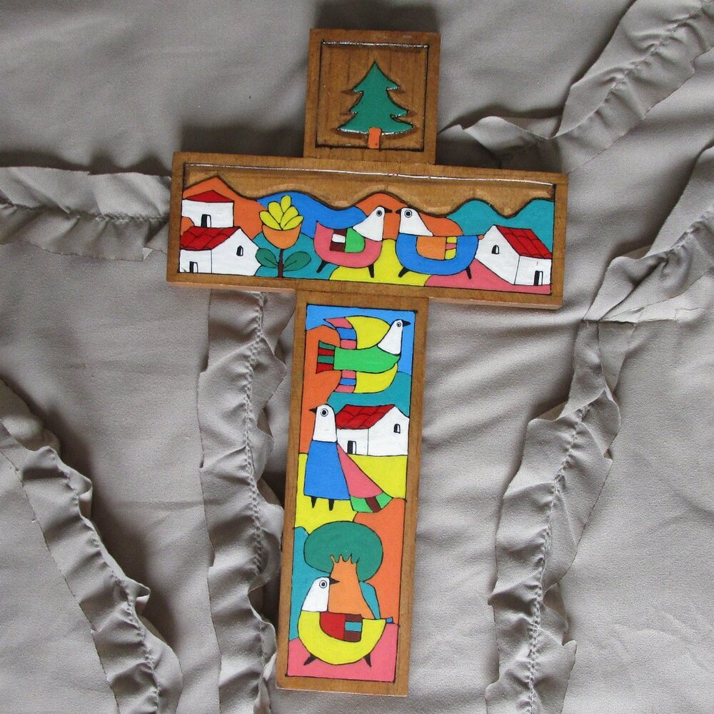 folk art painted wood wedding cross